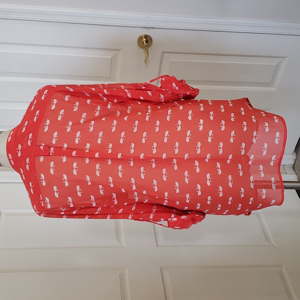 Anthropologie Pleione Swan Print Mandarin Collar Blouse Tunic Red Orange S - Picture 6 of 15
